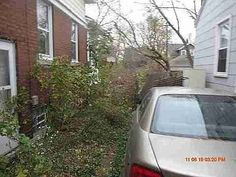 a car parked in front of a house next to a tree and bushes on the sidewalk