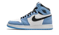 The Air Jordan 1 High GS “University Blue'' is the youth sizing of Michael Jordan’s first signature shoe in a colorway that references his alma mater, the University of North Carolina. Fitted in kids sizing, the “University Blue” seen here gives an update to the classic and original “UNC” colorway of the Air Jordan 1 High. The perforated toe and mid-panel display a crisp white tumbled leather construction. Contrasting University Blue suede overlays can be found on the forefoot, eyelets, collar, All Nike Shoes, Nike Air Shoes, Air Jordan 1 Retro High Og, Air Jordan 1 Retro High, Hype Shoes, Mens Nike Shoes, New Nike Air, Swag Shoes, Kids Jordans