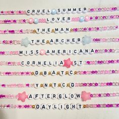 Don't be the only person without friendship bracelets at the Eras Tour! Whether you're buying them to keep or trade, these bracelets were made by hand by a fellow Swiftie. These bracelets are made with stretchy elastic, so no need to worry about annoying clasps. This Lover set is inspired by the colorful, fun, and romantic album. Each bead was meticulously picked out to create the most authentic Lover set.  1 set contains 10 bracelets!  Bracelets have a circumference of 6.5 inches. Please messag Personalized Adjustable Kpop Friendship Bracelets, Personalized Pink Friendship Bracelets With Custom Name, Customized Pink Friendship Bracelet As Personal Gift, Pink Letter Beads Friendship Bracelets For Party Favors, Personalized Pink Friendship Bracelets For Party Favors, Adjustable Letter Beads Friendship Bracelets For Party Favors, Trendy Pink Friendship Bracelets As Personalized Gifts, Trendy Personalized Pink Friendship Bracelets, Adjustable Kpop Style Friendship Bracelets With Letter Beads