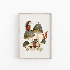 an illustration of mushrooms and animals on a white background in a wooden frame, mounted on a wall