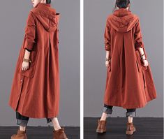 Long Women Casual Hooded Parka Plus Size Coat Jacket ,Custom make service available! Please feel free to contact us if you want this dress custom made.Materials used: cotton blendedSize: M: chest:112 cm length:103 cm sleeve：57 cm L : chest:116 cm length:104 cm sleeve：58 cm Most of our dresses are made of cotton linen fabric, soft and breathy. loose dresses to make you comfortable all the time.Flattering cut. Makes you look slimmer and matches easily.Payment:We accept payment by paypal and credit Dark Academia Outfits, Plus Size Coat, Long Jackets For Women, Fall Fashion Coats, Knee Length Coat, Academia Outfits, Loose Dresses, Oversize Women, Plus Size Coats