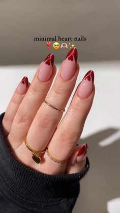 Heart Tip Nails, Red Sparkly Nails, Red Gel Polish, Almond Nails Red, Burgundy Acrylic Nails, Classy Almond Nails, Band Nails, Hippie Nails