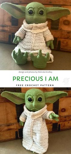 the baby yoda doll is crocheted in white and green