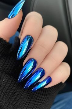 Neon Blue Nails Acrylic, Vibrant Blue Nails, January Nail Designs New Years, Electric Blue Nails, Neon Manicure, Neon Blue Nails, Bright Blue Nails, Chrome Nail Colors, Blue Stiletto Nails