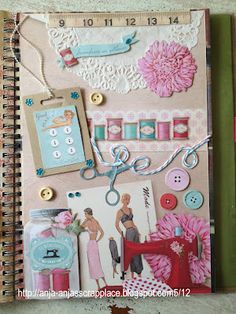 an open notebook with sewing related items and buttons on the cover, along with other crafting supplies