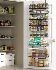 an organized pantry is shown in the corner of a room with shelves and bins