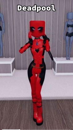 a woman dressed as deadpool standing in front of three mannequins with the caption deadpool