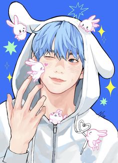 an anime character with blue hair and bunny ears on his head, wearing a white hoodie