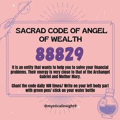 a pink poster with the words scard code of angel of wealth and an image of a