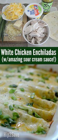 white chicken enchiladas w / amazing sour cream sauce are ready to be eaten