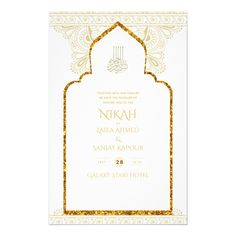 an ornate gold and white wedding card with the word, niraj on it