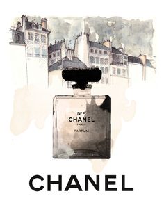 a chanel bottle with the words no 5 on it and an image of buildings in the background