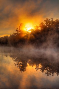 the sun is setting over a lake with trees in the background and fog on the water