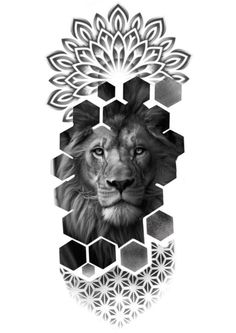 a black and white drawing of a lion surrounded by hexagons with flowers