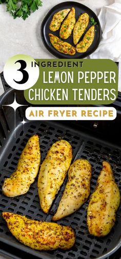 Lemon pepper chicken tenders on a black plate and in the air fryer basket Lemon Peper Chicken, Lemon Pepper Chicken Tenders, Chicken Tender Recipes Easy, Chicken Tender Recipe, Lemon Pepper Chicken Breast, Honey Pepper Chicken, Easy Chicken Tenders, Air Fryer Fried Chicken, New Air Fryer Recipes