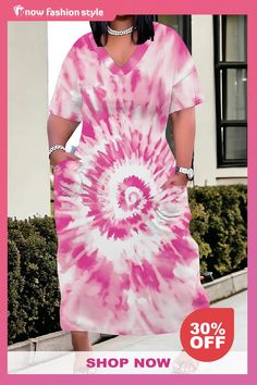 Casual Tie Dye V Neck Short Sleeve Pockets Long Baggy Straight Plus Size Maxi T-shirt Dress Maxi Tee Dress, Dress With V Neck, Short Maxi Dress, Chic Maxi Dresses, Casual Tie, Tie Dye Pattern, Plus Size Maxi, Tie Dye Designs, Home Dress