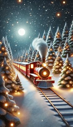 a train traveling through a snowy forest under a moon lit sky with trees and lights