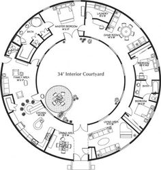 the circular house floor plan is shown in black and white