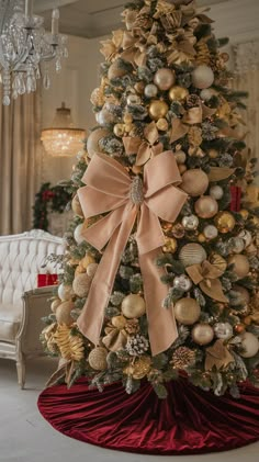 a christmas tree decorated with gold and silver ornaments, bows and baubles in a living room