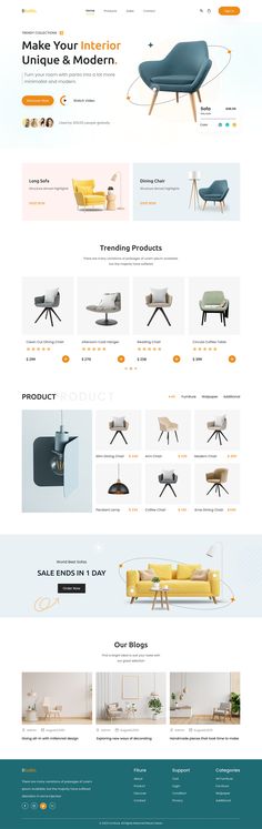 the website design for furniture store is shown in blue, yellow and green colors with an image