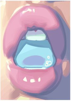 a digital painting of a pink mouth with a blue bottle in it's mouth