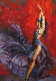 a painting of a woman dancing with her arms in the air while wearing a purple dress