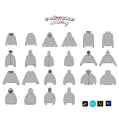 various hoodies and sweatshirts are shown in the image, with text below them