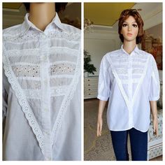 "70s Victorian Clothing Victorian Blouse XL Vintage collared blouse puffy sleeve blouse white Blouse womens blouse Edwardian shirt retro lace Blouse  4P 65%-polyester; 35%-cotton Please refer to photos for details of condition.  Condition:  good vintage Measurements: Length: 62cm/ 24.4\" Sleeve : 34cm/13.4\" Shoulder to shoulder: 40cm/15.7\" Bust: 112cm/44.1\" Waist: 108cm/42.5\"  Tag size:  40/42 note The color on the pictures may vary due to monitor settings and light reflections. Ready to shi Summer Lace Top Collared Blouse, Retro White Tops With Lace Trim, Vintage White Cotton Blouse For Spring, Vintage White Blouse For Summer, Fitted Shirt With Lace Collar For Summer, Summer Fitted Shirt With Lace Collar, Retro White Tops With Lace Collar, Vintage White Summer Blouse, White Retro Top With Lace Collar