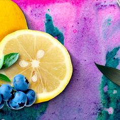 Cut lemon, blueberries and a paint brush on pink, purple and blue abstract painting. Easy Abstract Painting, Reverse Coloring, What To Paint, Household Supplies