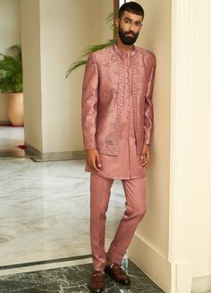 Onion Pink Jacket Set Contrast by Parth - Fabilicious Fashion Onion Pink, Rose Jacket, Men's Ethnic Wear, Add Sleeves, Pink Palette, Indian Man, Wedding Costumes, Fashion Suits For Men, Kurta With Pants