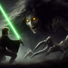 a man holding a green light saber in front of a demonic creature with glowing eyes