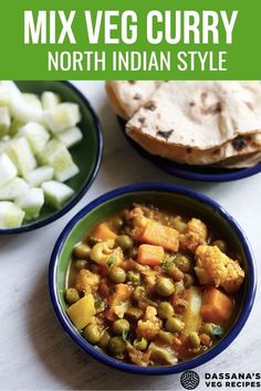 two bowls filled with different types of food on top of a white table next to pita bread