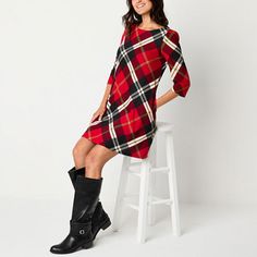 This Jessica Howard women's short shift dress is a stylish choice for holiday season parties and outings. It's made from a soft stretch-knit in a festive plaid pattern and features a boat neckline and 3/4 sleeves. Wear it with boots or heeled sandals.Closure Type: ButtonNeckline: Boat NeckPockets: 2 Side Slip PocketsSleeve Length: 3/4 SleeveSleeve Style: Puffed SleeveApparel Length: 36.5 Inches - BackDress Length: Short LengthFiber Content: 96% Polyester, 4% SpandexFabric Description: KnitLining Holiday Knee-length Mini Dress, Holiday Knee-length Mini Dress For Fall, Holiday Fall Knee-length Mini Dress, Fall Holiday Knee-length Mini Dress, Chic Knee-length Mini Dress For Holiday, Red Truck Christmas Pictures Outfits, Truck Christmas Pictures, Red Truck Christmas Pictures, Christmas Pictures Outfits