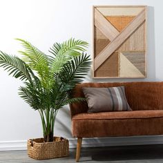 a brown couch sitting next to a potted plant