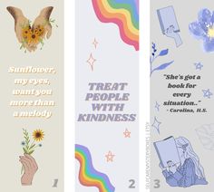 three vertical banners with the words treat people with kindness and rainbow, each featuring an image of a woman holding a book