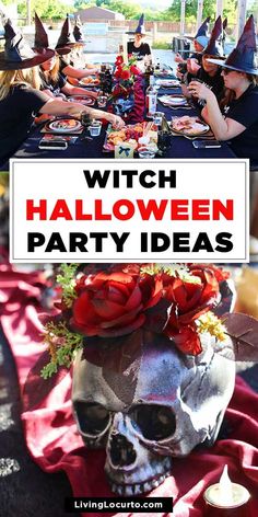 a group of people sitting at a table with halloween decorations on it and the words witch halloween party ideas