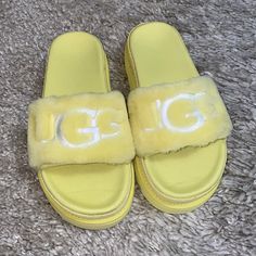 New Ugg Slippers/Slides, Very Comfortable And Casual. Trendy Yellow Slides For Spring, Trendy Yellow Round Toe Slides, Ugg Platform Slippers, Yellow Slippers, Ugg Coquette, Ugg Scuffette, Ugg Slides, Ugg Dakota, Pink Uggs