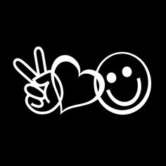 a black and white drawing of a smiley face holding a peace sign in the shape of a heart