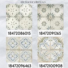 four different types of ceramic tiles with numbers on each side and the same tile number