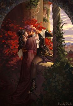 a painting of two people embracing each other in front of an archway with trees and flowers