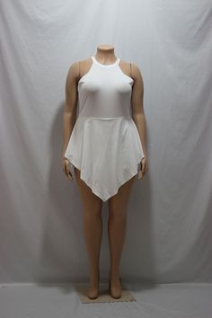 Plus Size Solid Color Sleeveless Back Zipper Irregular Romper White Asymmetrical Tank Top For Summer, White Asymmetrical Tank Top For Spring, Asymmetrical Stretch Tank Top, Asymmetrical Solid Stretch Tank Top, White Asymmetrical Tank Top For Parties, Stretch Tank Top With Asymmetrical Hem For Summer, Casual White Asymmetrical Tank Top, Casual White Tank Top With Asymmetrical Hem, Product Name