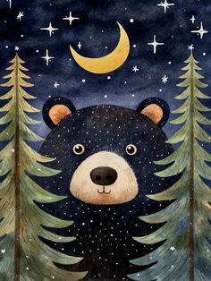 a painting of a bear in the woods at night with stars and moon above it