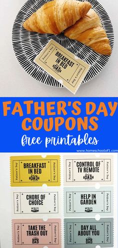 father's day coupons and croissants on a plate with text overlay