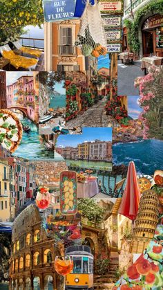 the collage has many different pictures on it, including buildings and watermelons