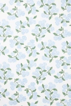 a blue and green flower pattern on a white wallpaper with leaves in the background