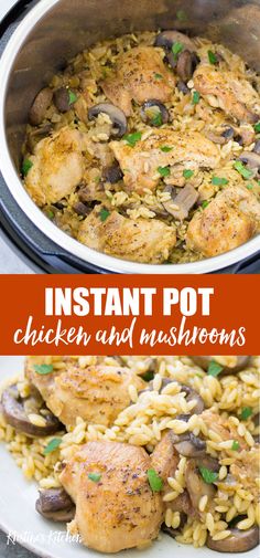 an instant pot chicken and mushroom dish is shown in this collage