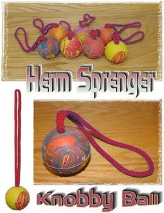 three different types of balls and ropes on a wooden surface with the words hem spenger knobby ball