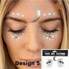 Our Metallic Face Tattoos are crazy popular!! The hottest trend for music festivals right now is these Metallic Face Embellishments! Bohemian, festival, beach-perfect metallic shimmer tattoos for your face! Application: Apply tattoo face down on clean, dry skin free from lotion or oils Thoroughly wet the tattoo and press down for 20 seconds. Slowly remove backing. To remove, use baby oil or rubbing alcohol. Karneval Diy, Moon Makeup, Temporary Face Tattoos, Jewel Makeup, Jewel Hair, Freckles Makeup, Jewel Tattoo, Galaxy Makeup, Styling Jewelry