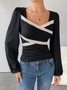 Women's Spring & Summer Contrasting Color Sweetheart Neck Lantern Sleeve Pleated Elegant T-Shirt Black Casual  Long Sleeve Knitted Fabric Colorblock,Striped  Medium Stretch  Women Clothing, size features are:Bust: ,Length: ,Sleeve Length: Breast Tape Lift, Hem Blouse, Slim Fit Top, Elegant Dresses Long, Dark Jeans, Lantern Sleeve, Boho Women, Sweetheart Neck