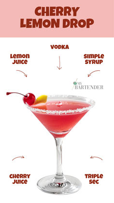 Cherry Lemon Drop Peach Lemon Drop Martini, Lemon Drop Shots Recipe, Lemondrop Shot Recipe, Cherry Cocktails, Frozen Drinks Alcohol, Creative Drinks, Lemon Drop Cocktail, Bar Rescue, Simply Lemonade